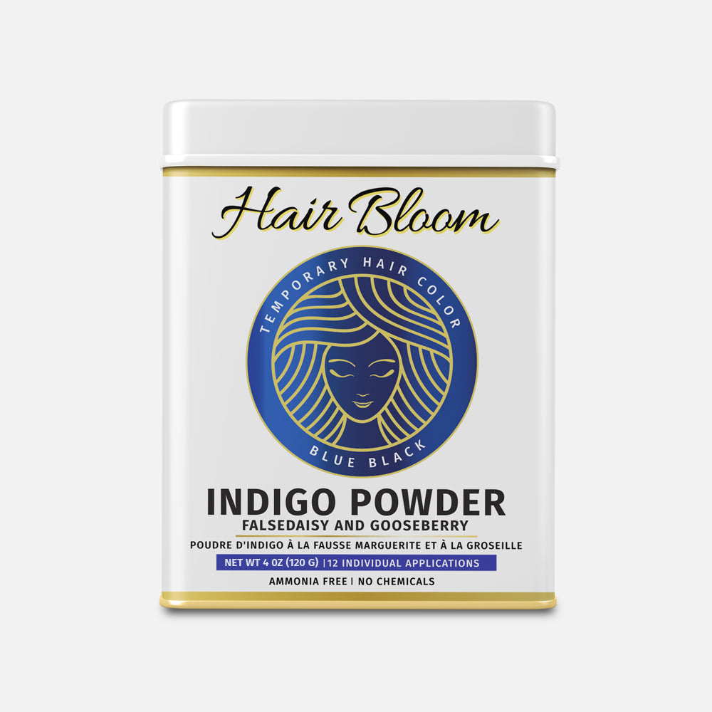 Hair Bloom Natural Blue Black Hair Color- Herbal Indigo w/ False Daisy & Gooseberry Hair Color Powder- 12 individual sachets (10 gm each)- Reusable Brush & Tray Included