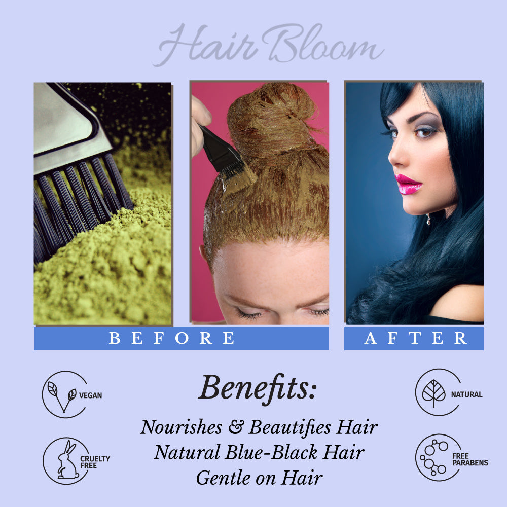 Hair Bloom Natural Blue Black Hair Color- Herbal Indigo w/ False Daisy & Gooseberry Hair Color Powder- 12 individual sachets (10 gm each)- Reusable Brush & Tray Included
